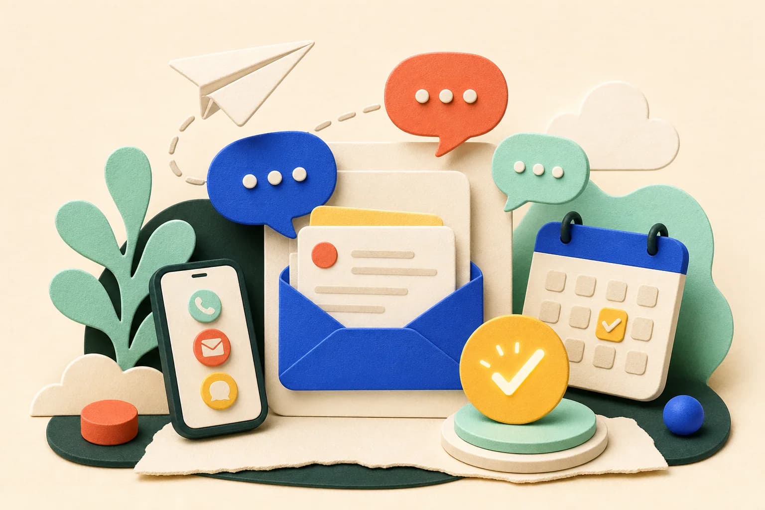 Tactile illustration of messages, email, phone and a booked call