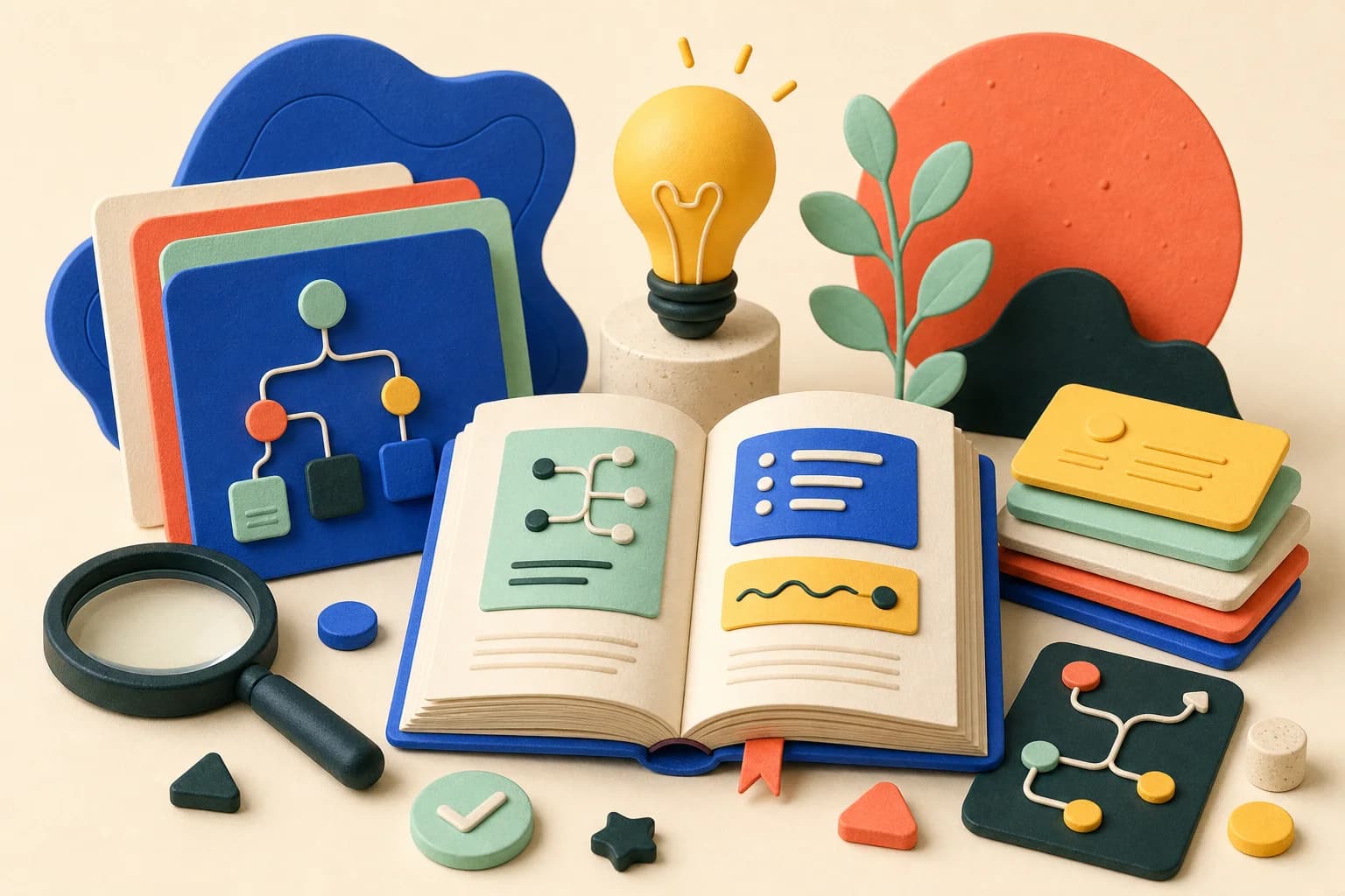 Tactile illustration of an open guidebook, ideas and connected learning cards